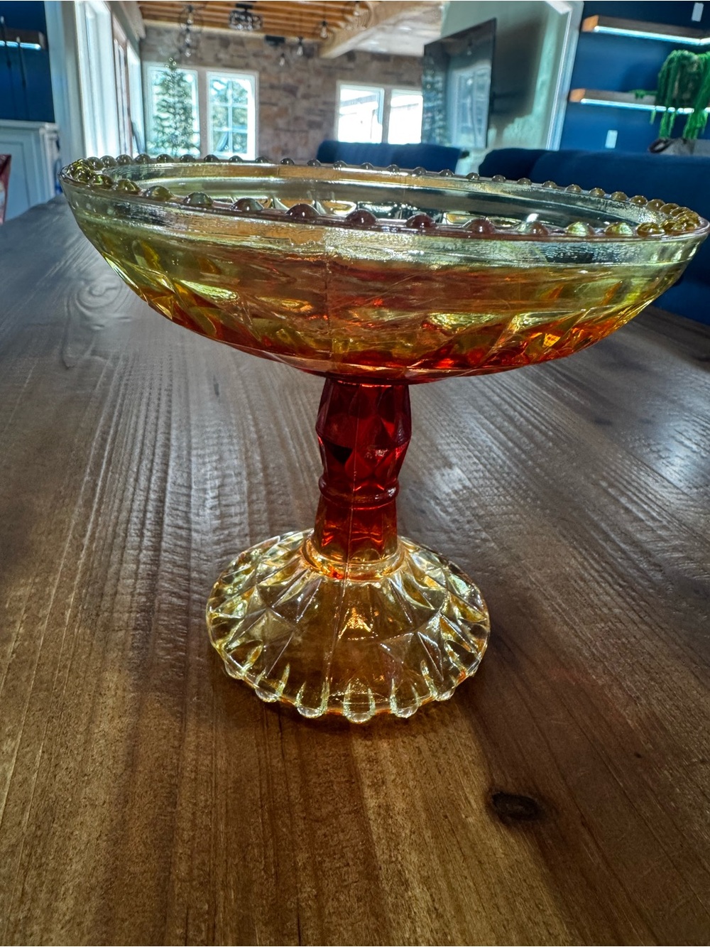 Amber and Red Glass Compote Pedestal Bowl